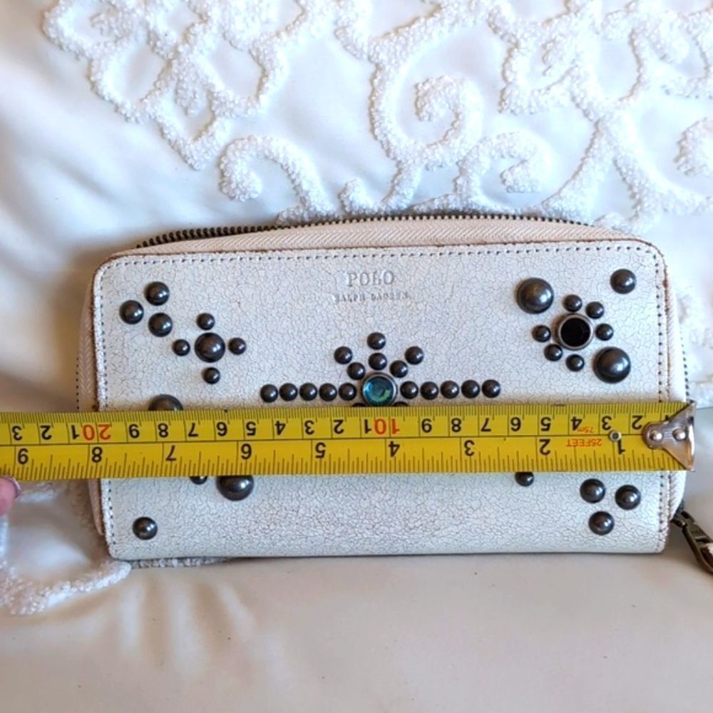 POLO Ralph Lauren Jewel/ Studded Ivory Distressed Zip Around Wallet NWOT - Picture 8 of 13